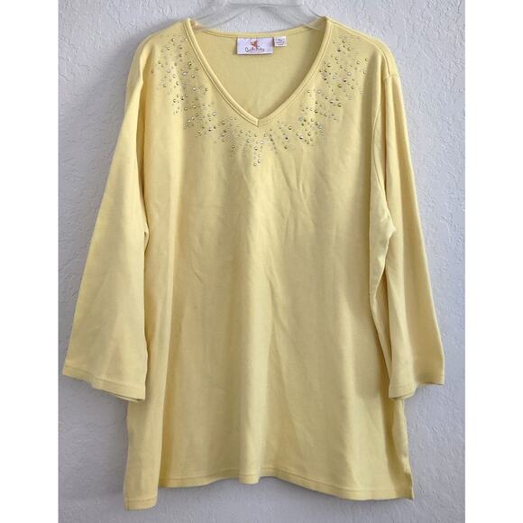 Top/Blouse-Quacker Factory-Yellow-V-Neck-Rhinestones-Sequins-3/4 Sleeves-XL - Picture 1 of 12